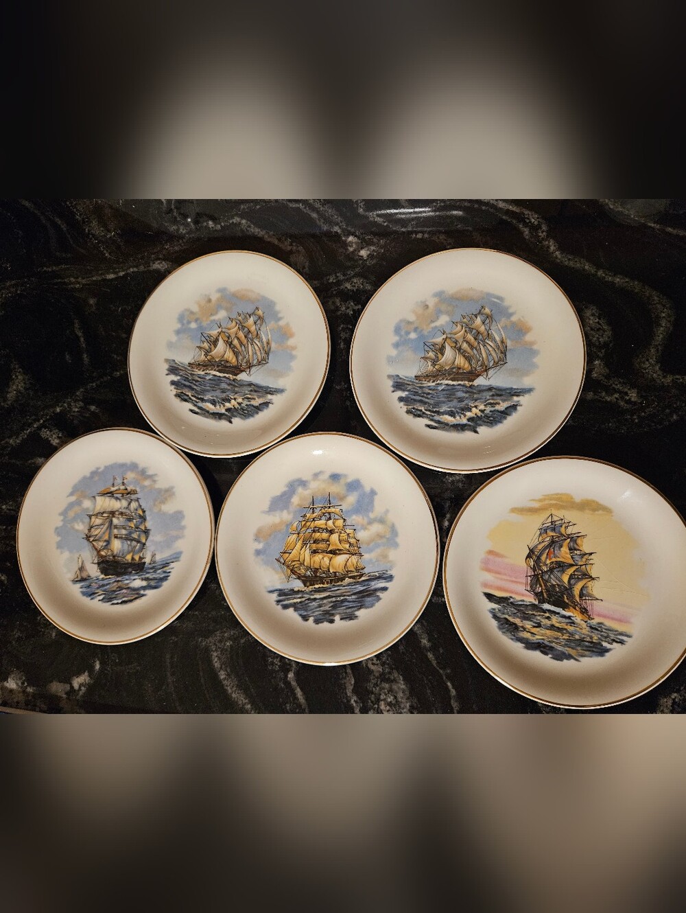 Vintage Wood & Sons England Miniature Plate Set (5) - Nautical Clipper Ships